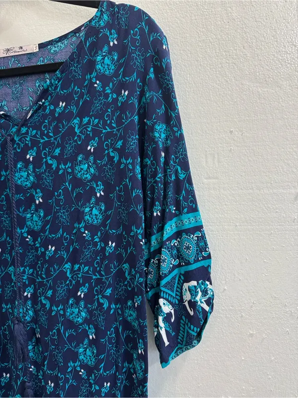 Blossom by P Blue Boho Floral Tunic Top Elephant Border Tassel Tie Size Medium M - Image 5