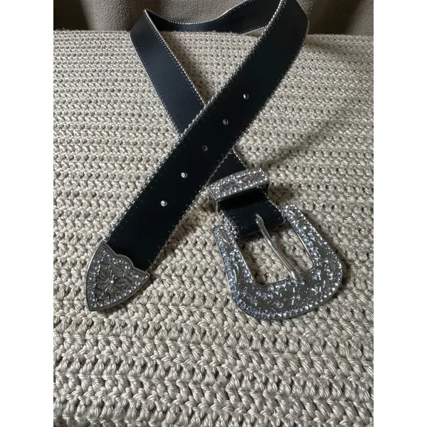 Western Rhinestone Bling Belt Black Faux Leather Silver Buckle XL RN52469 - Image 3