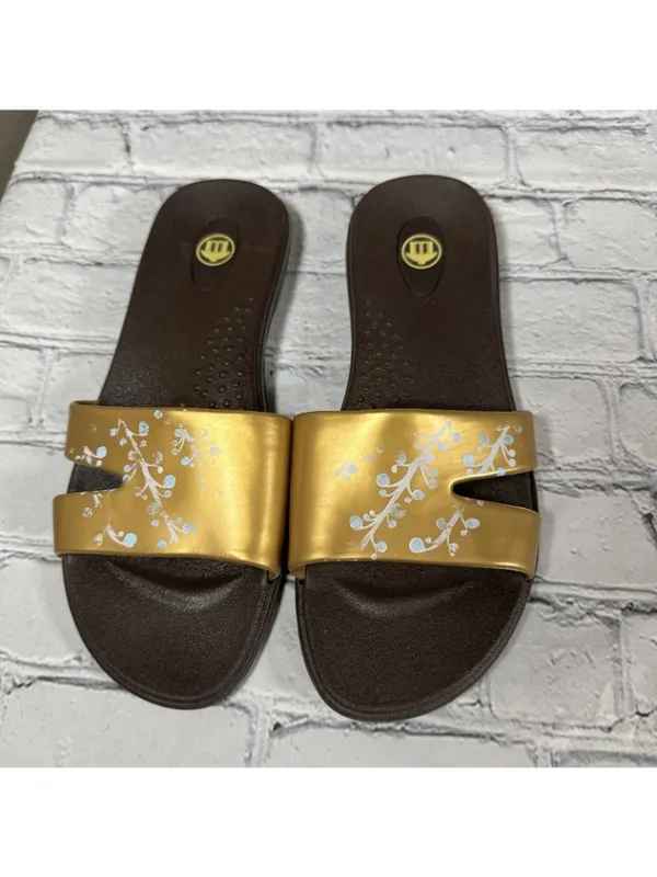 OKABASHI Women’s Gold Brown Slides Size Medium Slip On Sandals US Sz 6.5-7.5 - Image 3