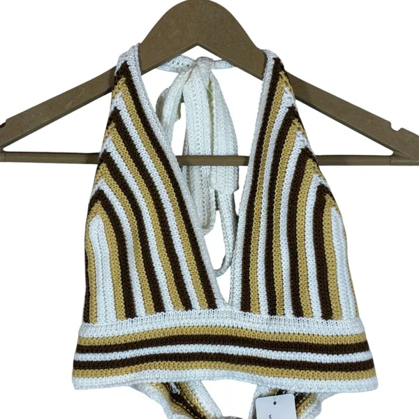 NWT Windsor Halter Striped Crochet Crop Top Ivory Brown Boho Festival Size L - Image 2