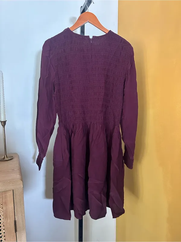 Madewell Long Sleeve Smocked Mini Dress Dark Pomegranate Purple NWT $148‎ Large - Image 9