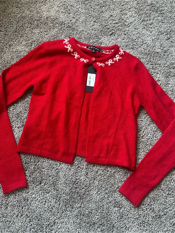 Motel Rocks Red Cropped Cardigan with White Bow Detail - Image 2