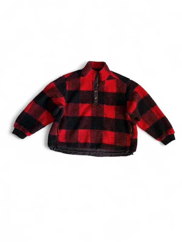 American Eagle Red Black Buffalo Plaid Sherpa Fleece Pullover Size M - Image 2