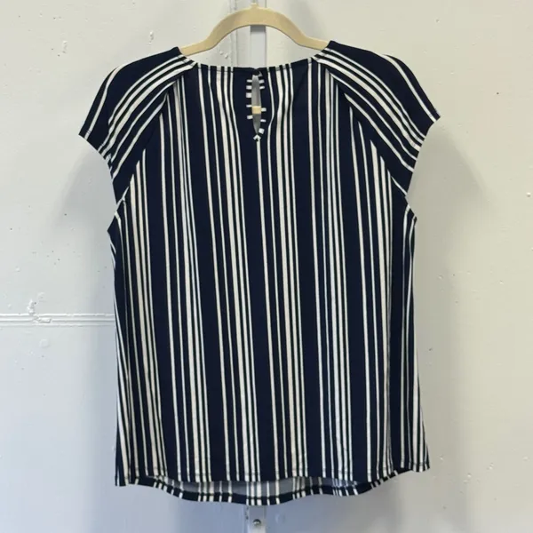 Adrianna Papell Navy White Striped Cap Sleeve Keyhole Back Blouse Size Medium - Image 2