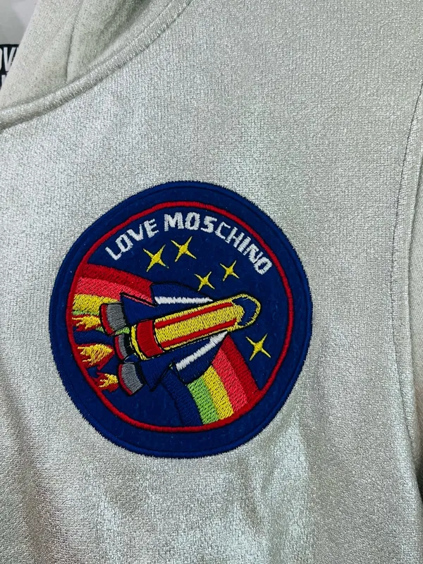 Love Moschino y2k Metallic Silver Hooded Jacket with Colorful Space Patch - Image 2