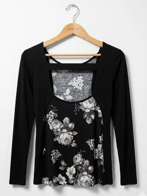 Fraiche by J Black And White Dark Floral Panel Long-Sleeve Tee - Image 2