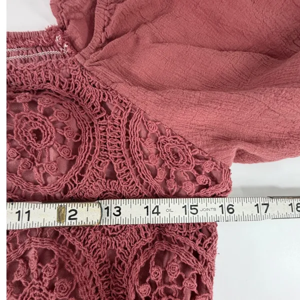 Orange Creek Rose Pink Crochet Lace Smocked Puff Sleeve Midi Dress M ID48374 - Image 4