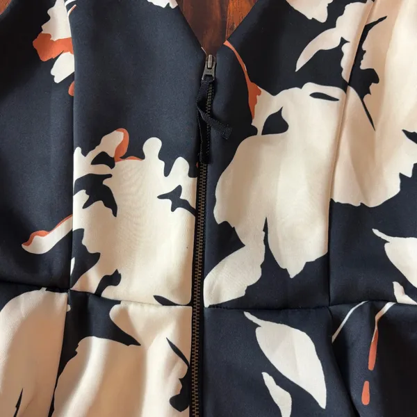 Anthropologie Floral Fit and Flare‎ V-Neck Scuba Dress Black Cream Sleeveless - Image 7
