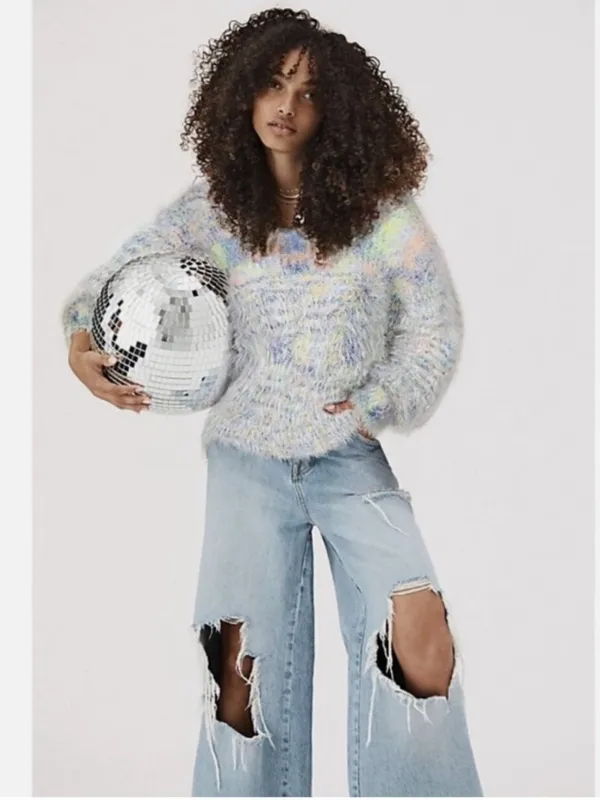 Free People Balloon Sleeve Fuzzy Gelato Pullover Sweater Pastel Size S - Image 6