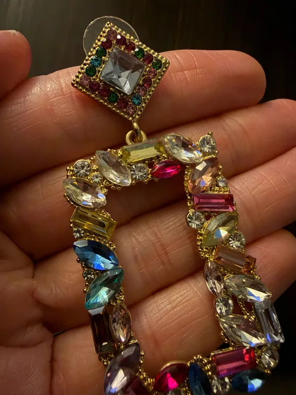 Multicolor Rhinestone Statement Dangle Earrings Gold - Image 3