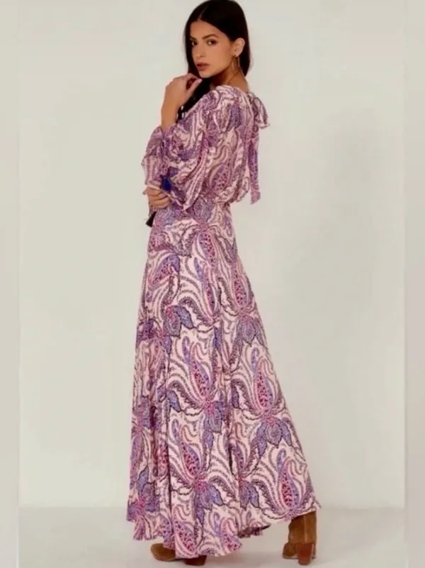 NWT Free People Purple Paisley Balloon Sleeve ‘Mirage’ Tassel Maxi Dress, Size 8 - Image 7