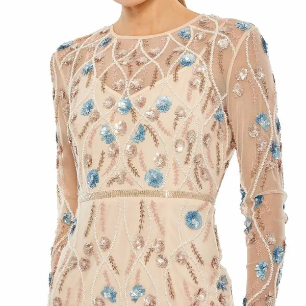 MAC DUGGAL 93772 Cream Floral Embellished Long Sleeve Gown Dress Size 4 - Image 3