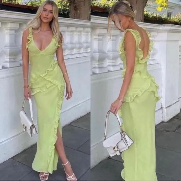 NWOT House of CB Pixie Lime Green Ruffle Maxi Dress sz XS - Image 3