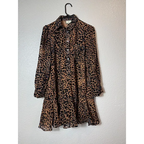Tuckernuck Leopard Print Burnout Ruffle‎ Hem Shirt Dress XS Brown - Image 2