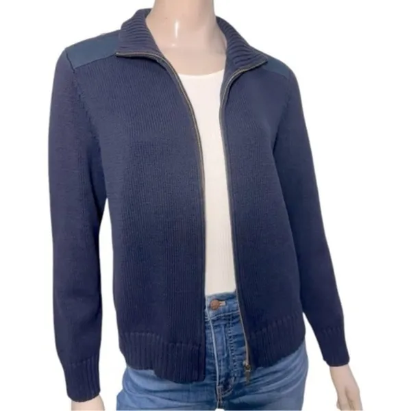 Lauren Ralph Lauren Vintage Size L Navy Blue Cotton Knit Sweater Zip Up Cardigan - Image 2