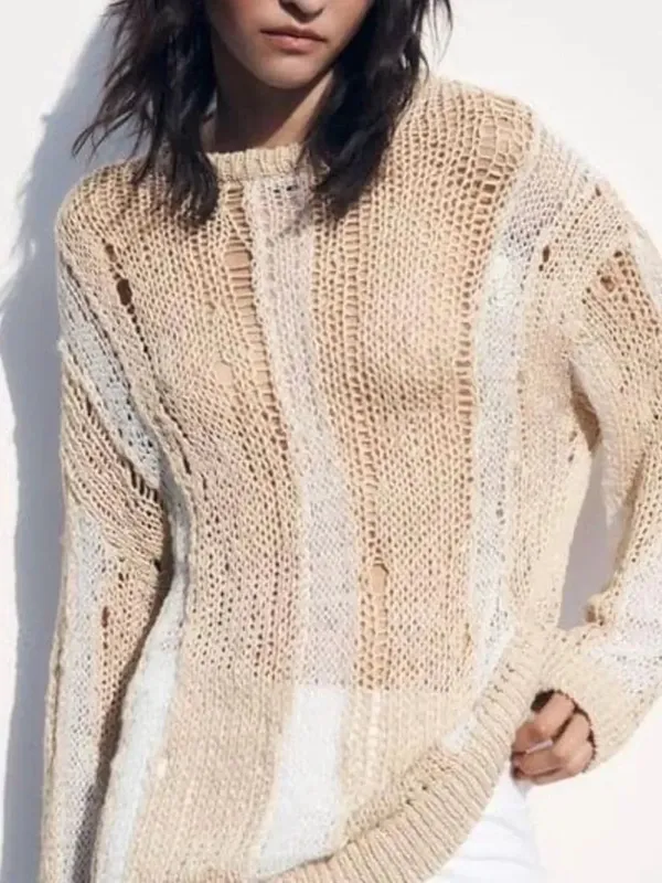 Zara Beige & White Distressed Crew neck Sweater(Size Small) - Image 3