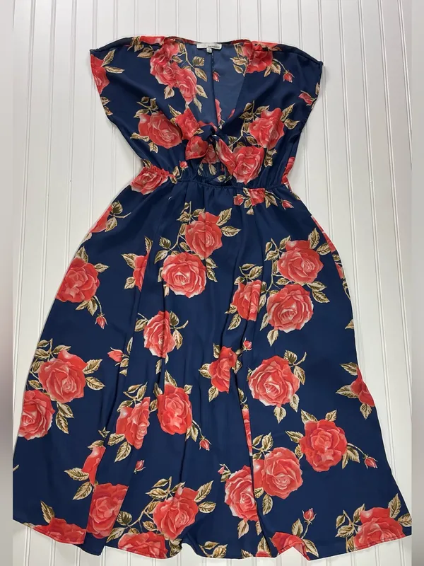 June & Hudson Floral Tie Front‎ Cutout Midi Dress Navy Rose Print Size Large - Image 3