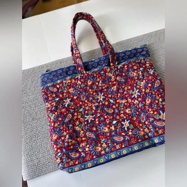 Vintage Handmade Quilted Red Blue Paisley Floral Padded Tote Shoulder Bag - Image 10