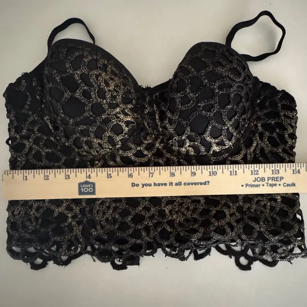 Cleo Womens Black Gold Lace Bustier Crop Top Padded‎ Hook Eye L Whimsigoth - Image 6