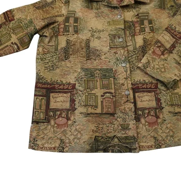 Vintage Tapestry Jacket Cafe Scene Button Up Boho Art‎ Print Retro 90s Style 20P - Image 4