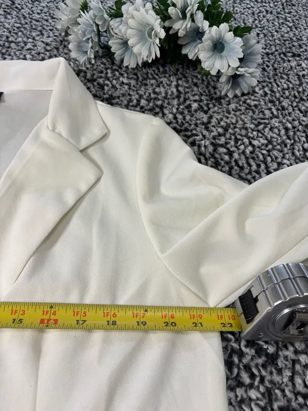 Single-Breasted Blazer ,Ruched 3/4 Sleeves , notched lapels -White XL - Image 5