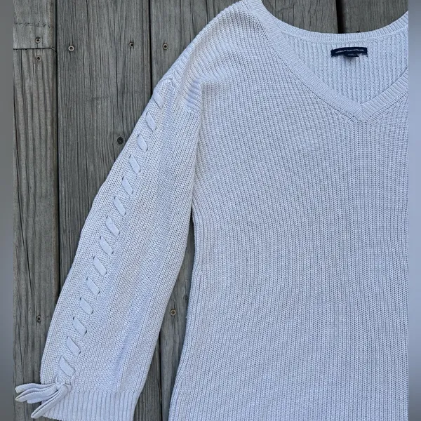 american eagle cream knit v-neck sweater - Image 2