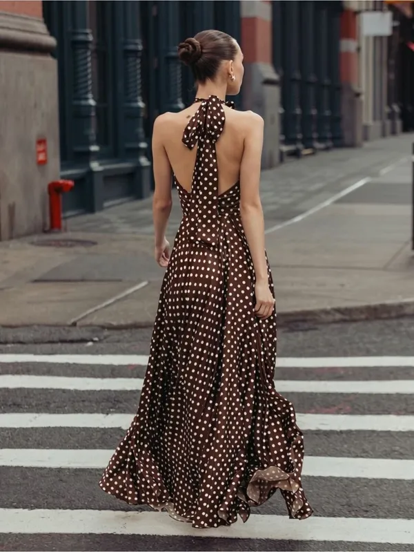 IEENA FOR MAC DUGGAL Size 10 Brown Polka Dot A-Line Halter Gown Rosette FLAWS - Image 3