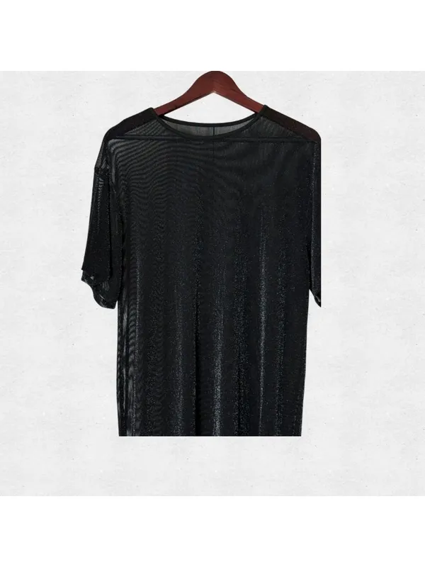 Sheer Mesh Metallic Black Midi Dress Large Glitter Beach Swim Cover Up Goth Alt - Image 2