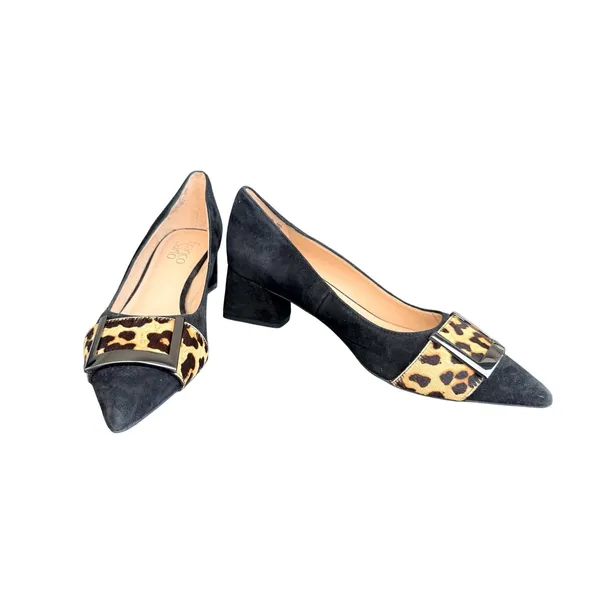 Franco Sarto Size 8 Black Suede Pumps Leopard Calf Hair Buckle Pointed Toe Heels - Image 3