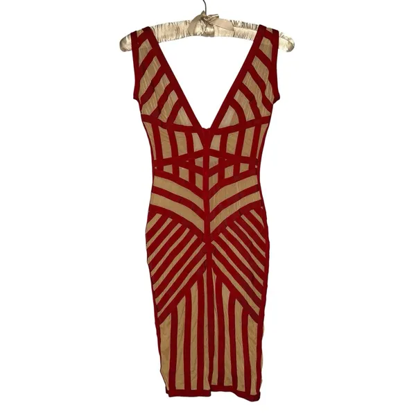 HOUSE OF CB London Genevieve Crimson Bandage And Beige Mesh‎ Dress - Image 4