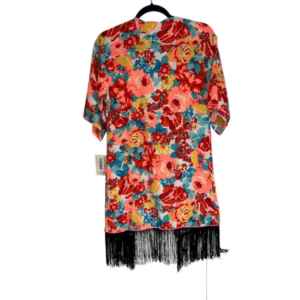 LuLaRoe Monroe Kimono Cardigan Floral Fringe‎ Coral Blue Yellow Pink Size S - Image 11