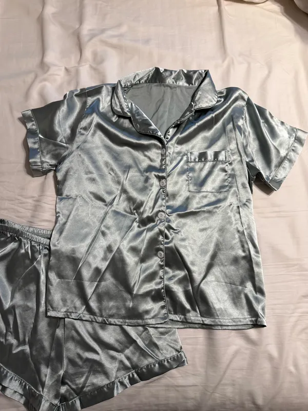 Mint Green Blue Satin Button-up Pajama Set Shorts Shortsleeve Women Large - Image 5