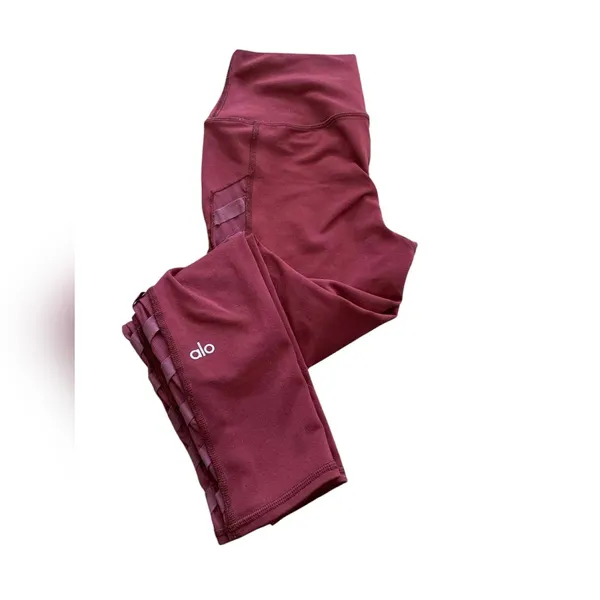 Alo Yoga Interlace‎ High-Waist Leggings Small Burgundy Red Mesh Strappy Core - Image 3
