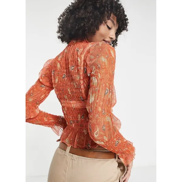 Free People Hello There Floral Sheer Mesh Mock Neck Bell Sleeve Blouse Sz S EUC - Image 7