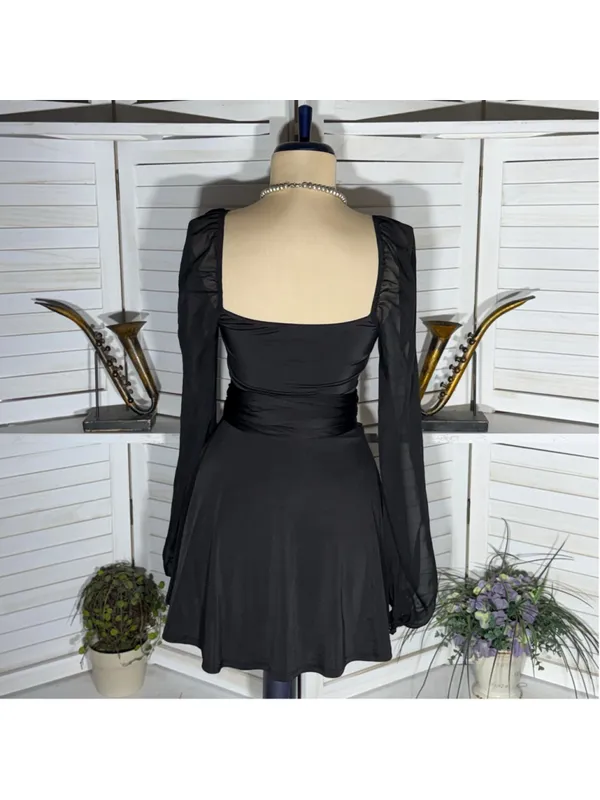 Lucy in the Sky black mini dress puff sheer sleeve plunge V cocktail homecoming - Image 2