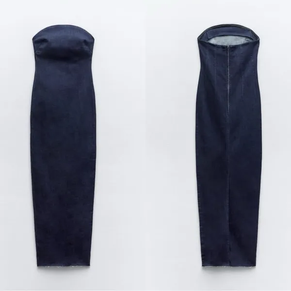 ZARA Dark Denim Strapless Raw Hem Back Slit Bodycon Tube Midi Dress‎ Size XS - Image 9