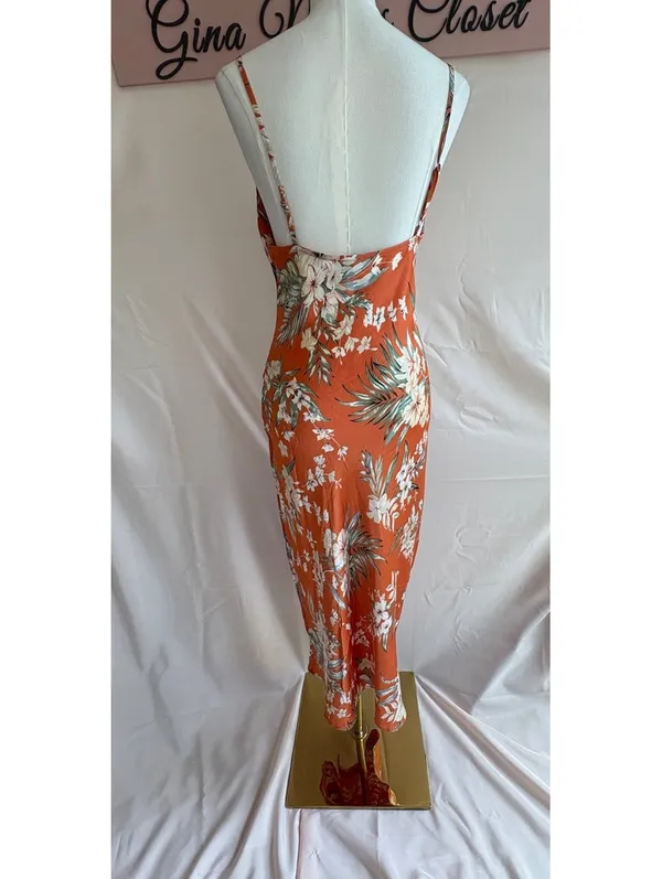 Paper Heart Women's Floral Midi Dress, Size Small, Orange with White and Green - Image 2