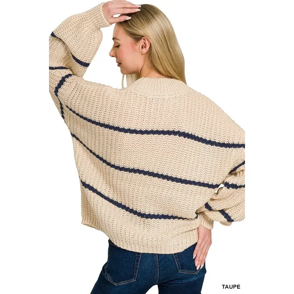 Zenana Oversize Striped Sweater - Taupe - Medium - Image 2