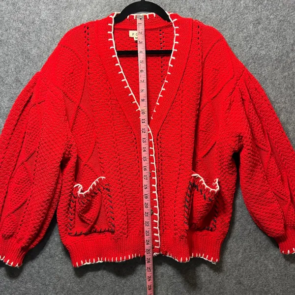 POL Red Cable Knit Cardigan M Oversized Chunky Button Front Boho‎ Sweater - Image 6