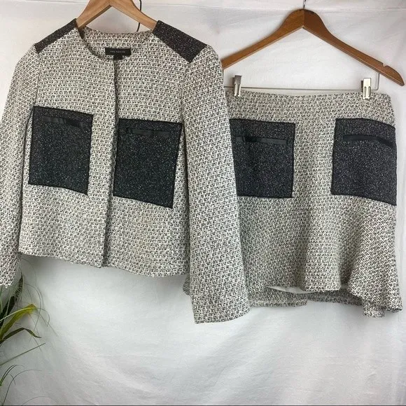 Ann Taylor SET Gray Woven Collarless Parchwork Jacket & Skirt NEW - Image 2