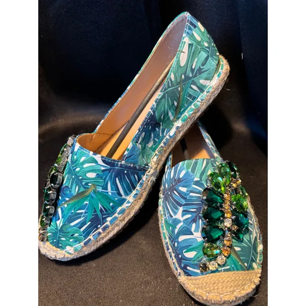 Lauren Lorraine Espi Green Tropical Palm Leaf Crystal‎ Espadrille Flats Mens 6 - Image 3