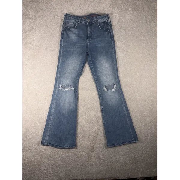 Pilcro The Icon Flare Jeans 29 Medium Blue Denim High Rise Anthropologie Distres - Image 2