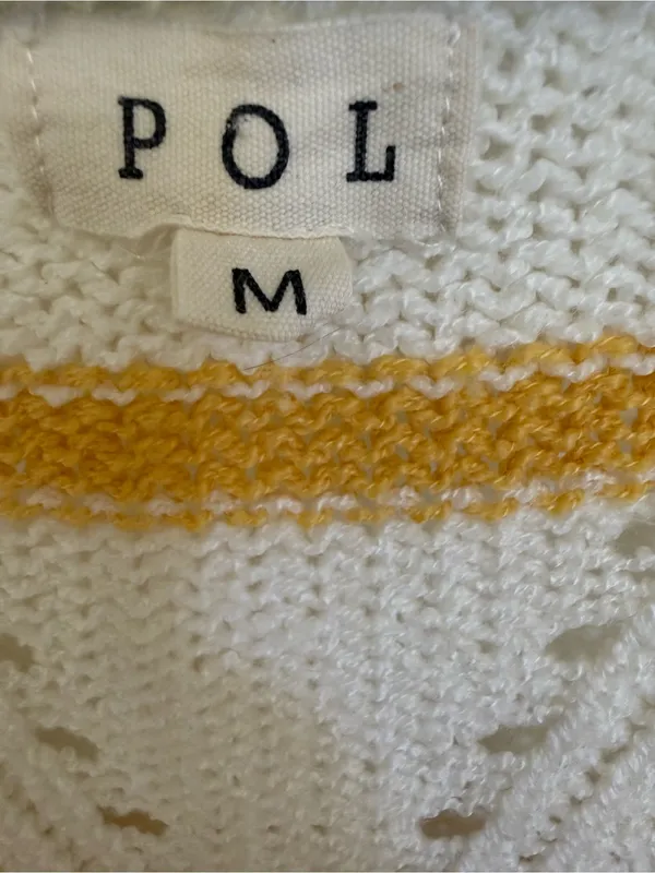 POL-Striped V-Neck Knit Sweater in White, Mustard & Light Blue women size M - Image 3