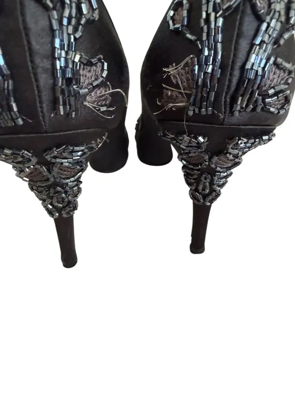 HOUSE OF DEREON Beyonce Black Satin Embroidered Beaded Heels Size 7.5 - Image 11