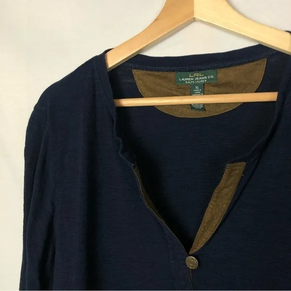 Lauren Ralph‎ Lauren Navy Blue Brown Suede Trim Long Sleeve XL - Image 3
