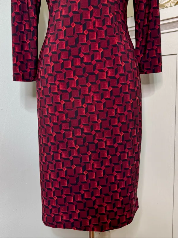 Lauren Ralph Lauren Faux Wrap Sheath Dress Burgundy Black Geometric Ruched Sz 6 - Image 7