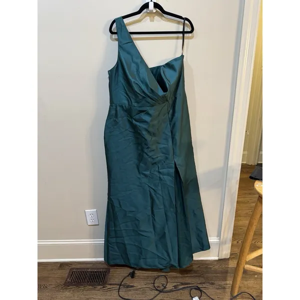 $257 Alfred Sung Hunter Green Shantung One Shoulder Pleated Gown Size 20 R1 D827 - Image 3
