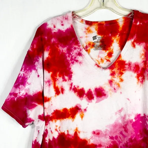 Hanes Size XL Top Something Bright Tie Dye Handmade Pink White Tee V Neck 203‎ - Image 3