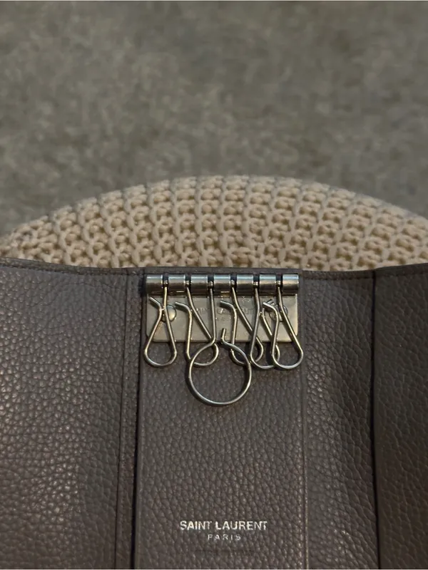 Authentic YSL Gray Pebbled Leather Key Holder with Silver Hardware - Image 6