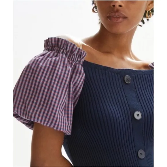 Maeve Anthropologie Ribbed Puff Sleeve Mini Dress Navy Gingham NWT‎ Size Small - Image 3